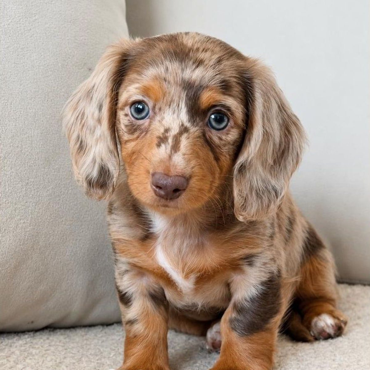 Chocolate Dapple & Tan long haired Dachshund puppy named Bailey